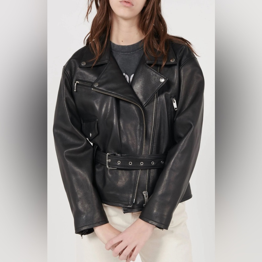 NWT THE KOOPLES BELTED BIKER-STYLE BLACK LEATHER JACKET Size 2 (Medium)